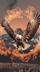 an eagle with outstretched wings emerging from a ring of fire. 