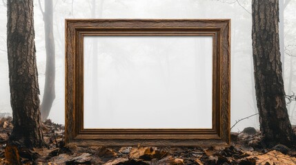 Mystical Forest Portal: A weathered wooden frame stands amidst the misty woods, inviting viewers into an ethereal and enigmatic autumnal scene. 