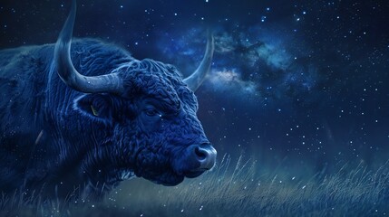Naklejka premium Majestic Highland Bull Silhouetted Against Starry Night