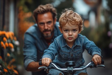 A candid shot of a father teaching his young son how to ride a bicycle on a quiet suburban street. The father is running alongside, steadying the bike while the son looks ahead with determination.