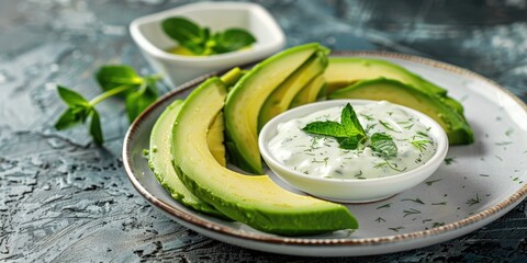 Nutritious avocado slices accompanied by a dip presented on a light-colored dish