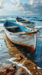 Obraz premium Two White Boats On A Sandy Beach
