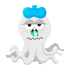 Cartoon style mascot of sick octopus with runny nose 

