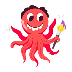 Cartoon style mascot of smiling octopus painter holding paintbrush 

