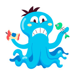Comic style sticker of sea pollution angry octopus 

