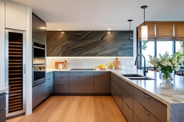 Contemporary Stone Kitchen Setup with Sleek Cabinet and Bright Ambience