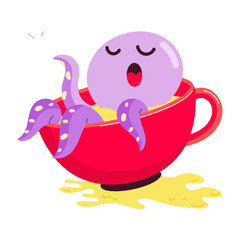 Cartoon style mascot of sleepy octopus in teacup 

