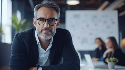 Fototapeta premium A confident businessman in glasses leans forward, looking directly at the camera in a modern office setting.