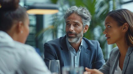 A diverse group of professionals engage in a conversation at a table, demonstrating collaboration and communication in a modern setting.