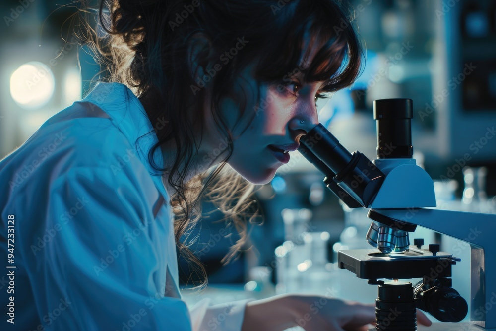 Poster close-up of a woman using a microscope, focused on a tiny sample