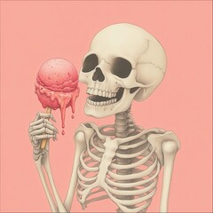 Playful skeleton holding a dripping spooky ice cream, eerie background