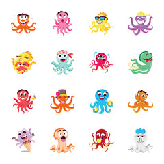 Obraz premium Basic RGBCute Collection of Octopus Mascot Flat Stickers