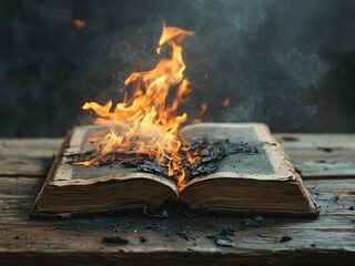 An open book burns with flames, consuming the pages and releasing smoke. The book is on a wooden surface.