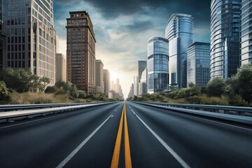 Striking Representation of an Untamed Road Near Chic City Office Towers in a Dynamic Urban Landscape