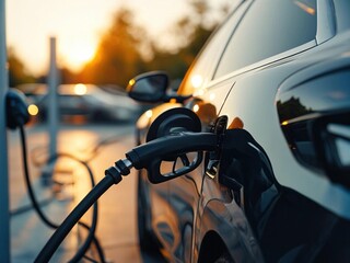 Close-up of an electric car charging at a charging station, with the sunset in the background.