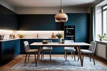 Stylish Kitchen Setup with Elegant Table and Contemporary Storage Solutions