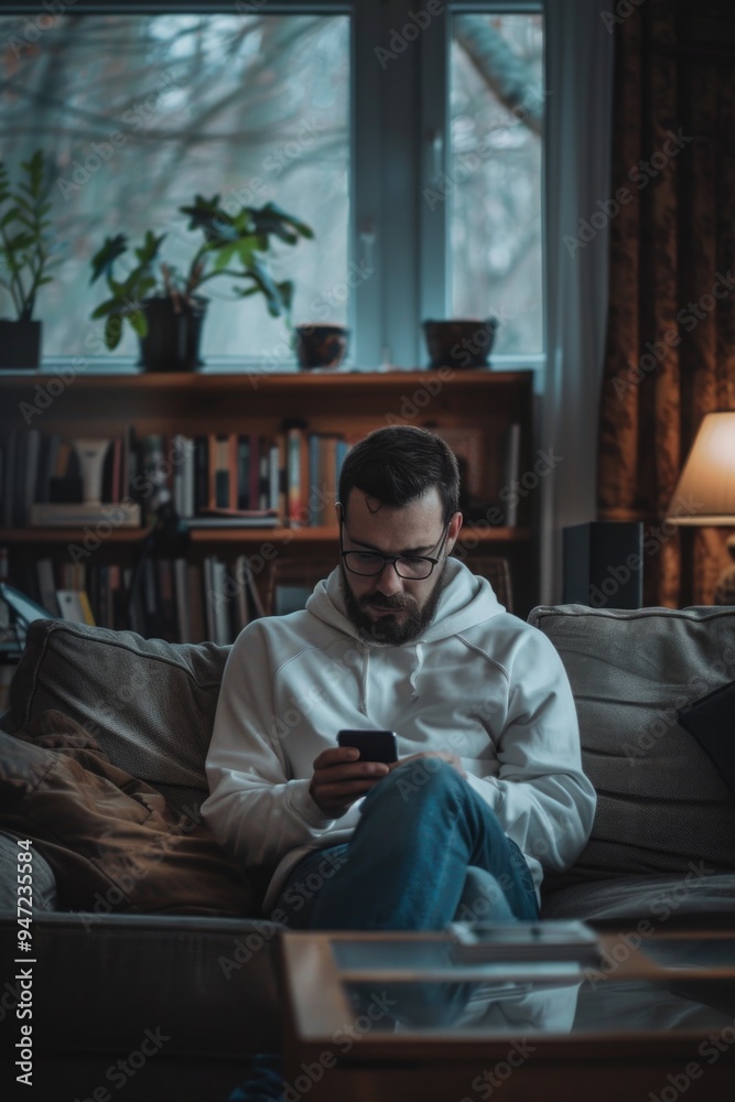 Poster a person sitting on a sofa looking at their mobile device, great for use in digital media or social 