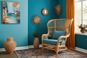 Stylish Rattan Armchair in a Cyan Wall Interior Design with Artsy Decorations