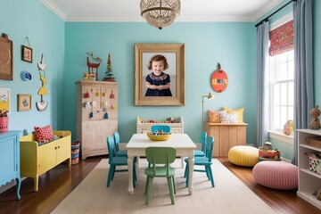 Elegant Frame Focus in a Bright Children's Space with Vintage Wooden Accents and Playful Decor