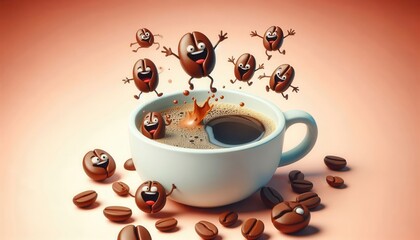Joyful coffee beans playfully splash in a cup, adding a fun twist to your beverage-themed projects. Perfect for marketing, social media, or cafe branding.