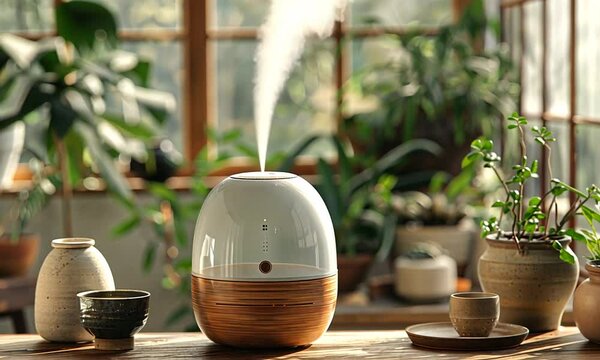 A white and wooden essential oil diffuser sits on a table in a minimalist room.