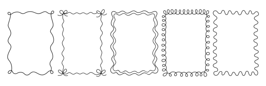 Set wavy frames template. Hand drawn black frames isolated on white background. Vertical square wave border frame card.Wavy border frames. Set of simple elegant hand drawn illustrations of borders.