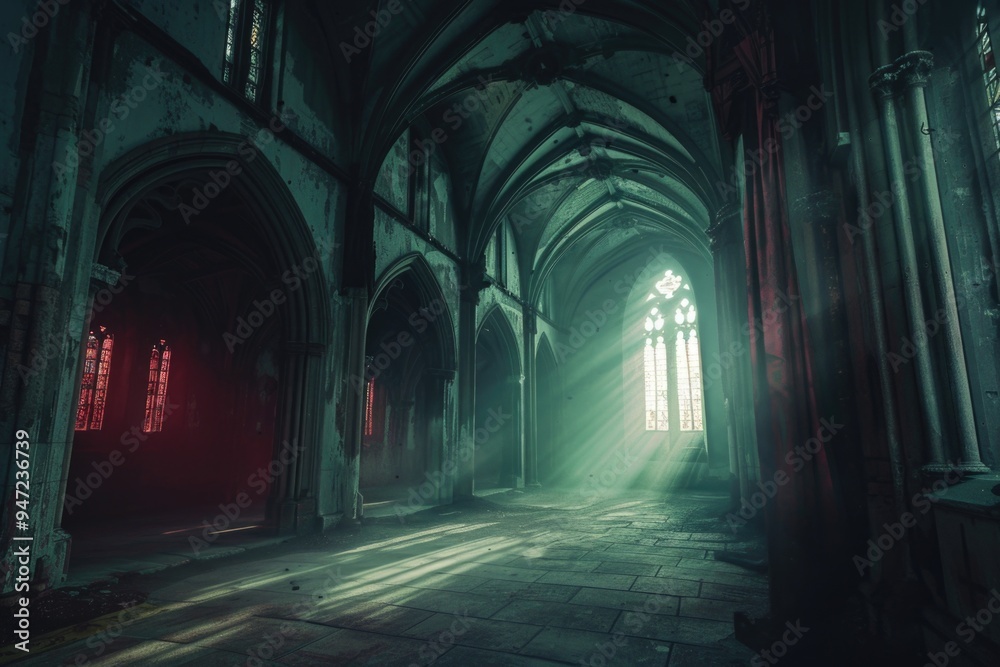 Poster a dimly lit cathedral with a warm glow emanating from the windows