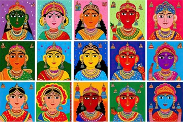 Playful Gond Art Illustrating Vibrant Characters from Indian Folklore