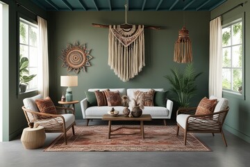 Striking Bohemian Interior Mockup Design Featuring Sustainable Craftsmanship and Artisanal Accents