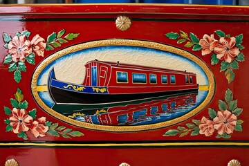 Obraz premium Traditional Tole Painting of a Colourful Red Canal Boat with Floral Design and Texture