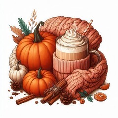 ***Description:*** Cozy autumn arrangement featuring pumpkins, a sweater, and a spiced beverage. Perfect for fall promotions, seasonal marketing, and home decor inspiration.