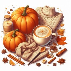 Cozy autumn scene featuring pumpkins, a warm sweater, and a latte, perfect for seasonal marketing, fall décor, or café promotions.