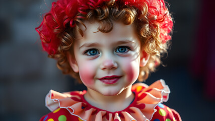 Fototapeta premium Young boy child with curly hair dressed up with colorful clown costume. Generative AI