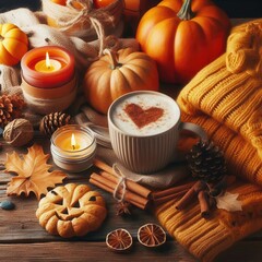 Cozy autumn still life featuring pumpkins, candles, and a warm drink. Perfect for seasonal marketing, lifestyle blogs, and home decor inspiration.