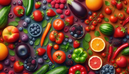 A vibrant assortment of fresh fruits and vegetables showcasing a variety of colors and textures, ideal for health, cuisine, or nutrition-related projects.