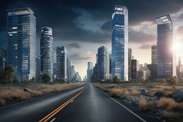 Untamed Road Amid Chic City Office Towers in Dynamic Urban Landscape