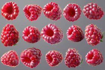 A cluster of ripe raspberries sit side by side on a surface