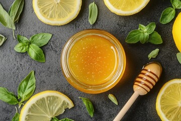 Honey Jar with Fresh Lemon and Herbs on Dark Surface
