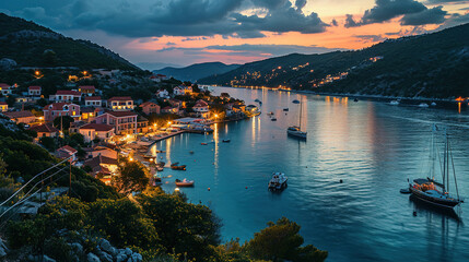 vibrant Village Near The Sea Surround With Multiple Color Of Rose Blue Hour With a Yacht In The Sea