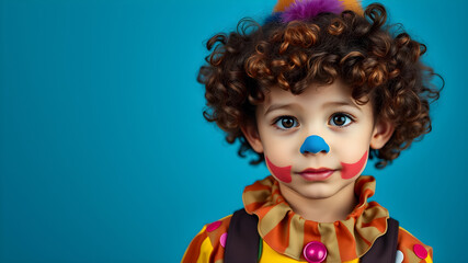 Fototapeta premium Young boy child with curly hair dressed up with colorful clown costume. Generative AI