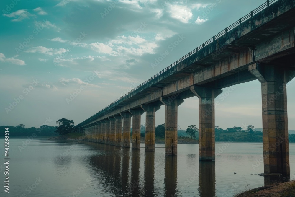 Poster a serene scene of a bridge spanning across a calm lake, surrounded by a cloudy sky