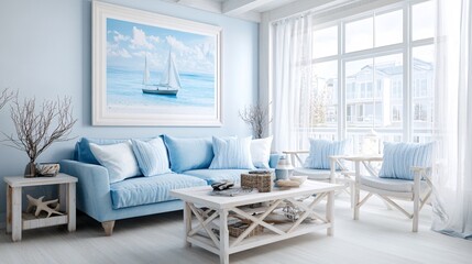 coastal style, living room, light blue sofa, whitewashed wooden coffee table, framed coastal art poster on the wall, light hardwood flooring, large window with sheer curtains, sea-themed decor items,