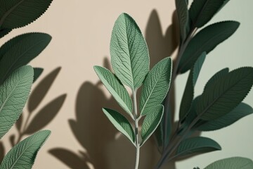 Artisan Shadow Overlay Effect Featuring Soft Focus Sage Leaf in 3D Rendered Background