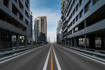 Fototapeta premium Captivating Capture of an Unclaimed Roadway Surrounded by Modern Architecture in an Urban Environment