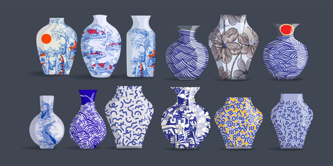 Chinese porcelain, ceramic vase vector illustration. Flower bowl, pottery antique with patttern ornamen on background.