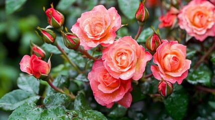 Red and pink roses with buds on a background of a green bush. Bush of red and pink roses.Roses after rain