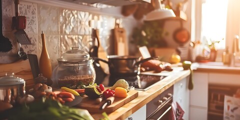 Obraz premium Cooking nutritious winter dishes using fresh seasonal produce in a modern stylish kitchen, highlighting healthy and comforting meals