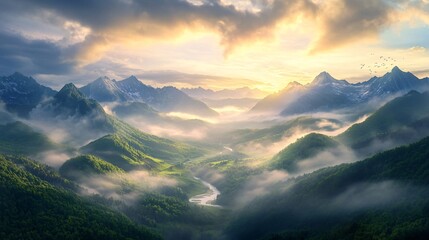 dramatic landscape, misty mountain range, sharp peaks emerging through low-hanging clouds, lush green valleys below, soft morning light casting long shadows, river winding through the valley, birds