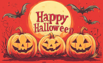 poster for halloween with pumpkins and bats on the wall.