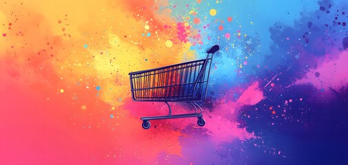 A shopping cart prominently displayed amidst a dynamic, colorful splash background, creating a vibrant atmosphere that evokes excitement and enthusiasm for online shopping.